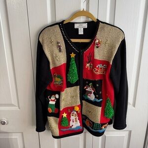 Lisa International VTG Christmas Embroidered Bell Full Zip Cardigan Womens Large